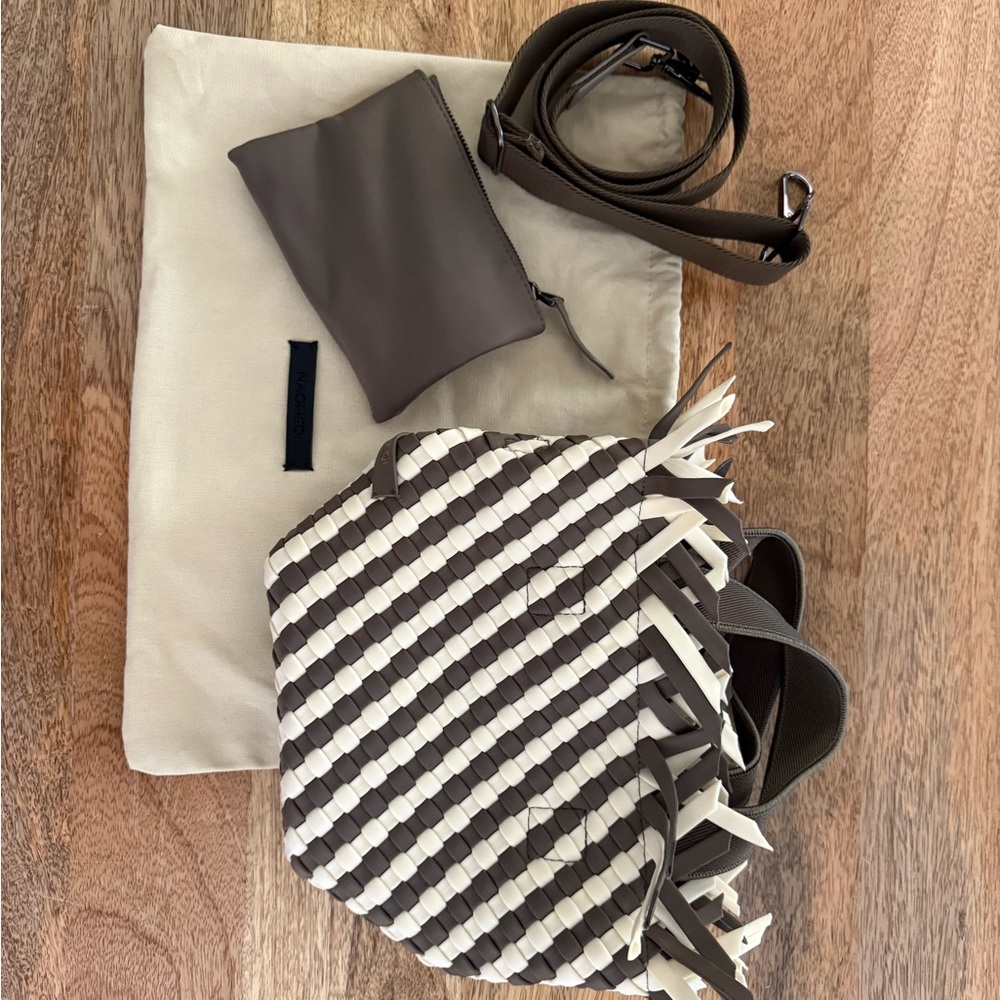 Naghedi Brown and White Woven Crossbody Bag with Pouch